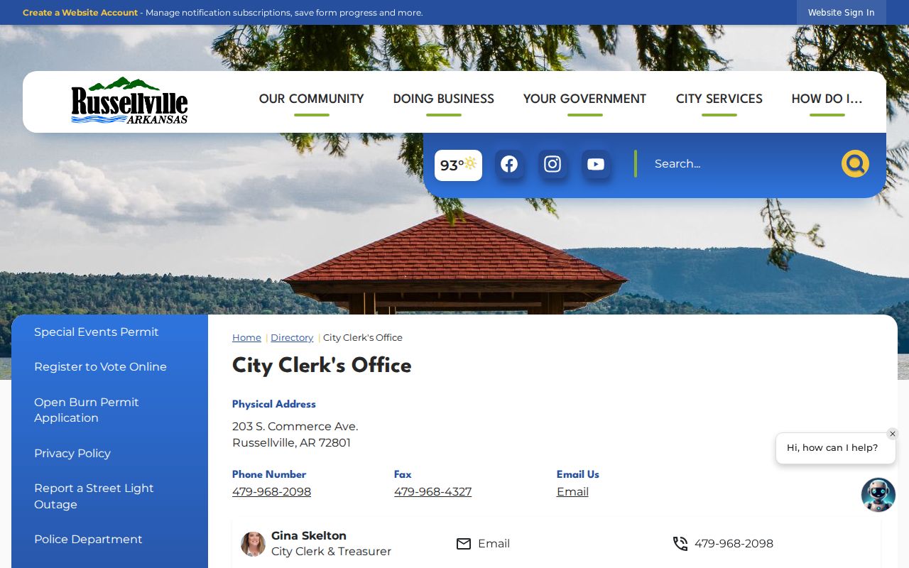 Russellville residents directory City Clerk contact page