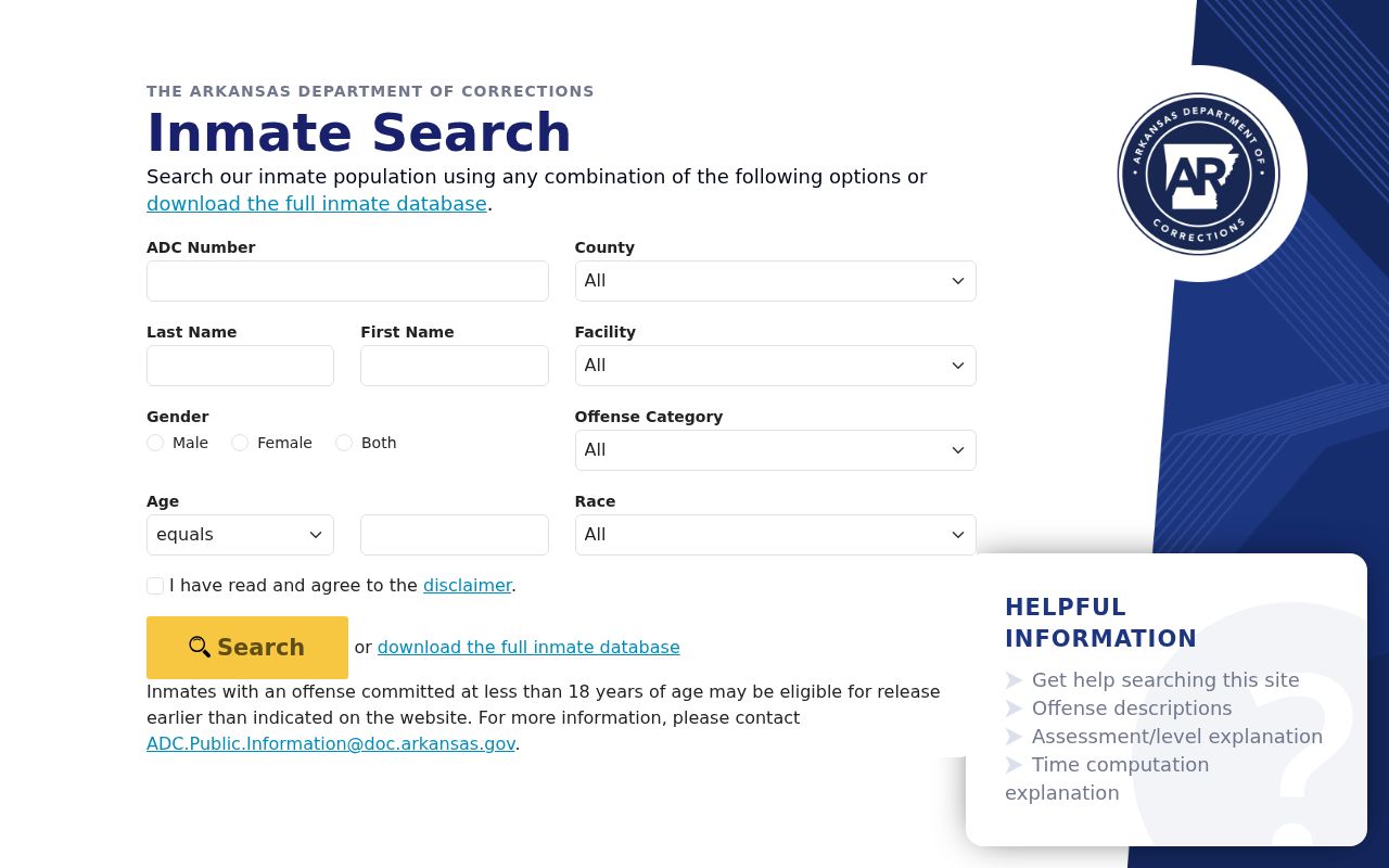 Russellville resident lookup using the official Arkansas inmate search