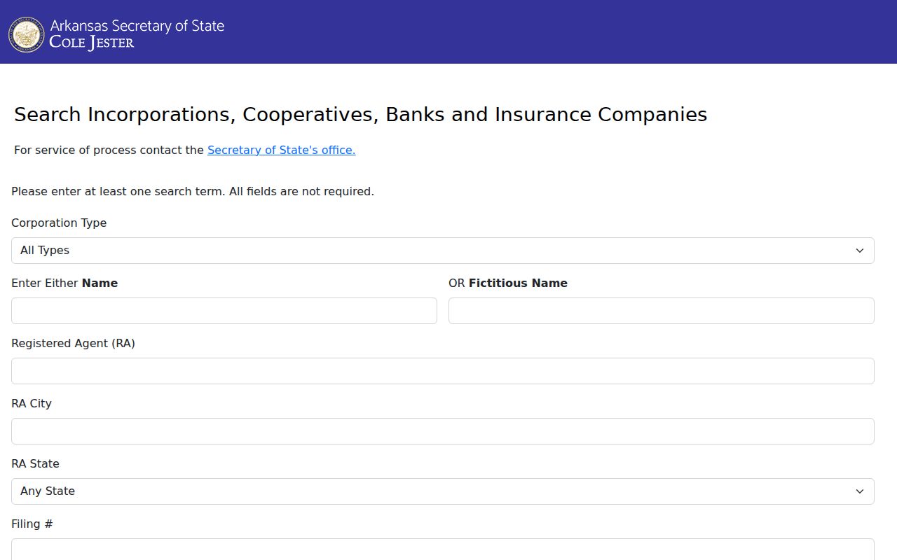 Russellville resident lookup through the Arkansas business entity search