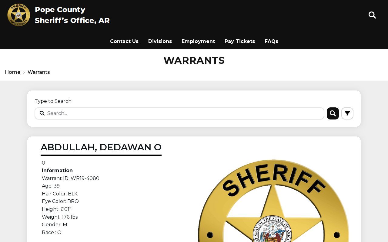 Russellville resident lookup in the Pope County Sheriff warrant search